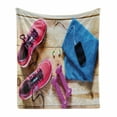 thumbnail image 1 of Fitness Soft Flannel Fleece Throw Blanket, Gymnasium Theme Women's Running Shoes and Dumbbells Equipment for Training Image, Cozy Plush for Indoor and Outdoor Use, 60" x 80", Multicolor, by Ambesonne, 1 of 6