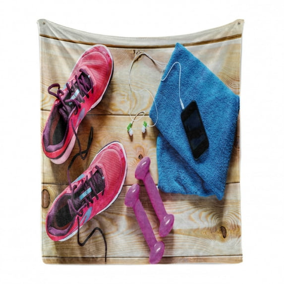 Fitness Soft Flannel Fleece Throw Blanket, Gymnasium Theme Women's Running Shoes and Dumbbells Equipment for Training Image, Cozy Plush for Indoor and Outdoor Use, 60" x 80", Multicolor, by Ambesonne