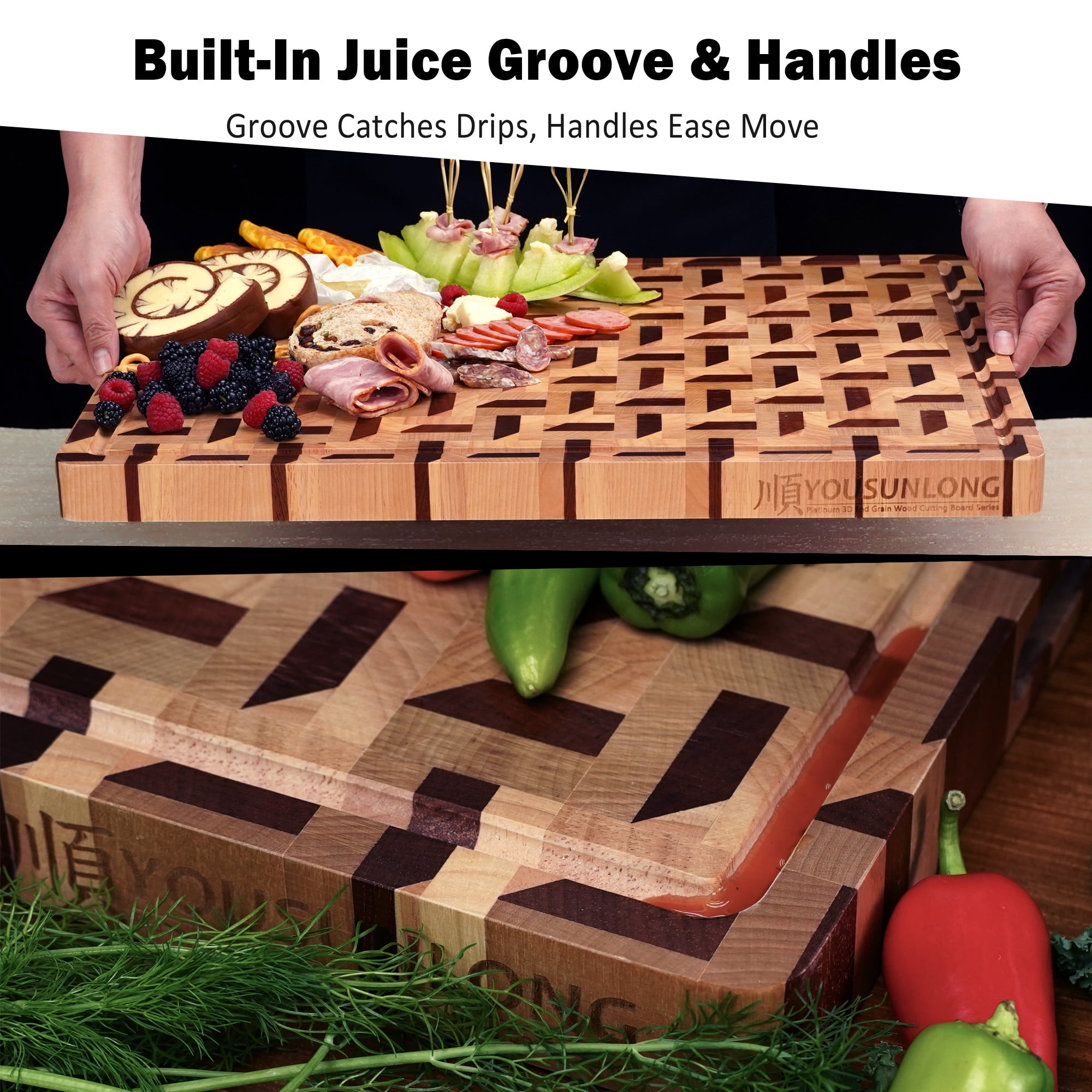 YOUSUNLONG 3D End Grain Cutting Board,  20" x 16" x 1.5'' Walnut and Maple Reversible Butcher Block