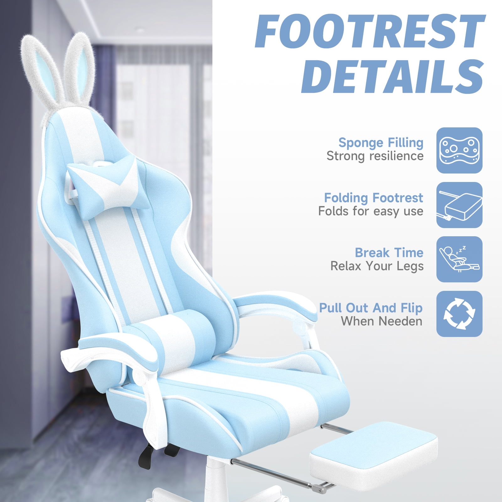 SOONTRANS Blue Gaming Chair, High Back Gamer Chair with Footrest, Reclining Adjustable Game Office Chairs Massage Pillows for Girl  Gift Present