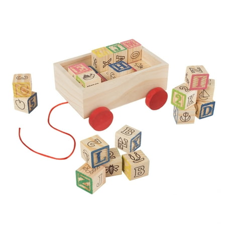 ABC and 123 Wooden Blocks with Pull Cart Storage Box