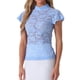 thumbnail image 1 of INSPIRAR CHIC Blusa de manga corta con cuello alto y espalda con abertura para mujeres en el Día de San Valentín, semi transparente, talla M, azul claro, 1 of 6