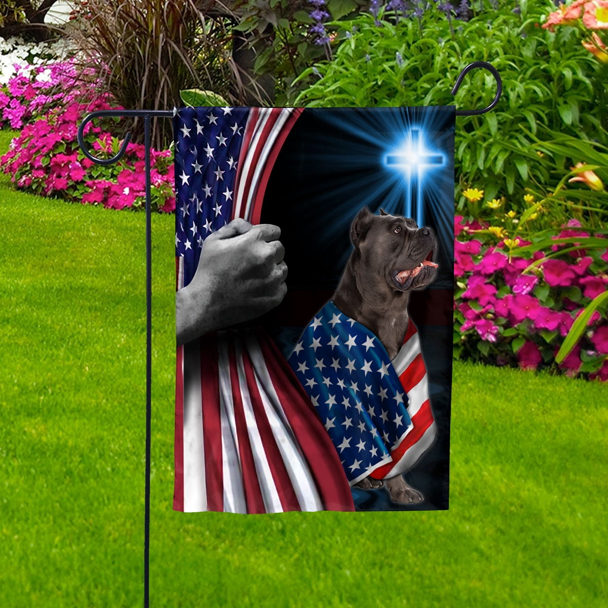 Hand Pulling USA Flag Cane Corso Dog Wearing Flag American Standing under Cross Christian Patriotic Garden Flag (2x3) Double Sided- Premium Polyester-Decorative Indoor Outdoor Flag