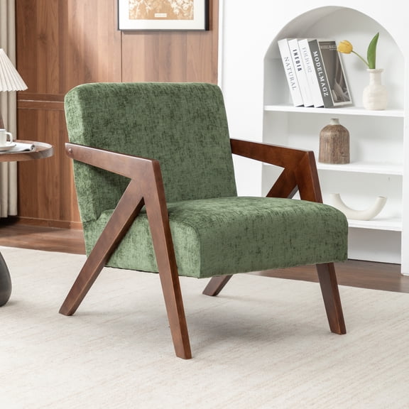 Leumius Mid Century Modern Accent Chair,Upholstered Reading Armchair with Solid Wood Frame,Accent Chair for Living Room Bedroom Apartment, Easy Assembly,Green
