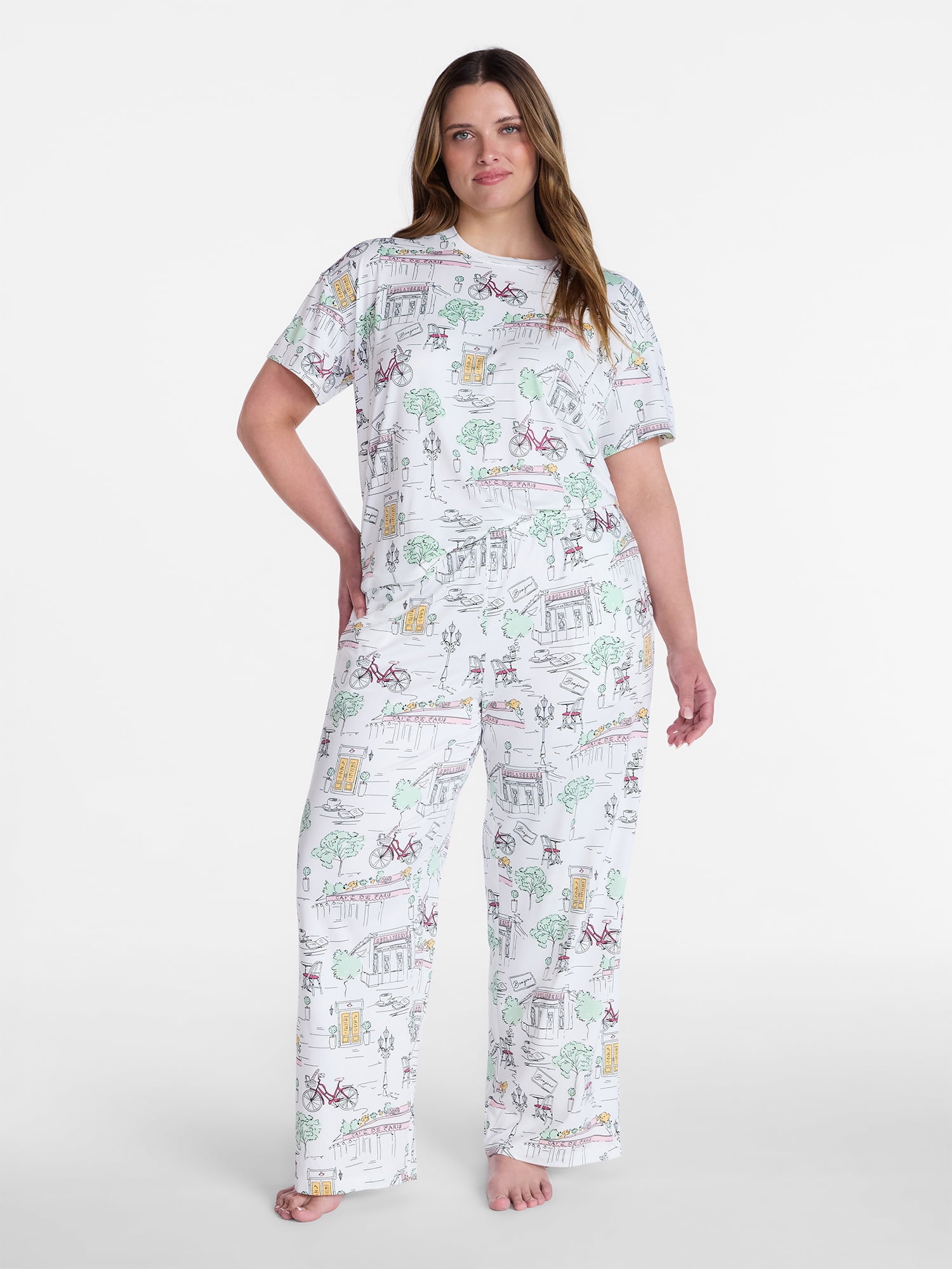 Joyspun Women's Dreamy Soft Collection Short Sleeve Sleep Top and Open Leg Pants Pajama Set, 2-Piece, Sizes XS-3X