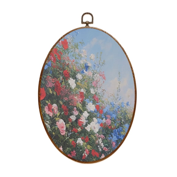 Canvas Wall Art Colorful Floral Garden Red Pink Blue Sky Independence Day Memorial Day Gift Oval Framed Canvas Prints Vintage Wall Hanging Decor for Home Decorations 8.6"x11.4"