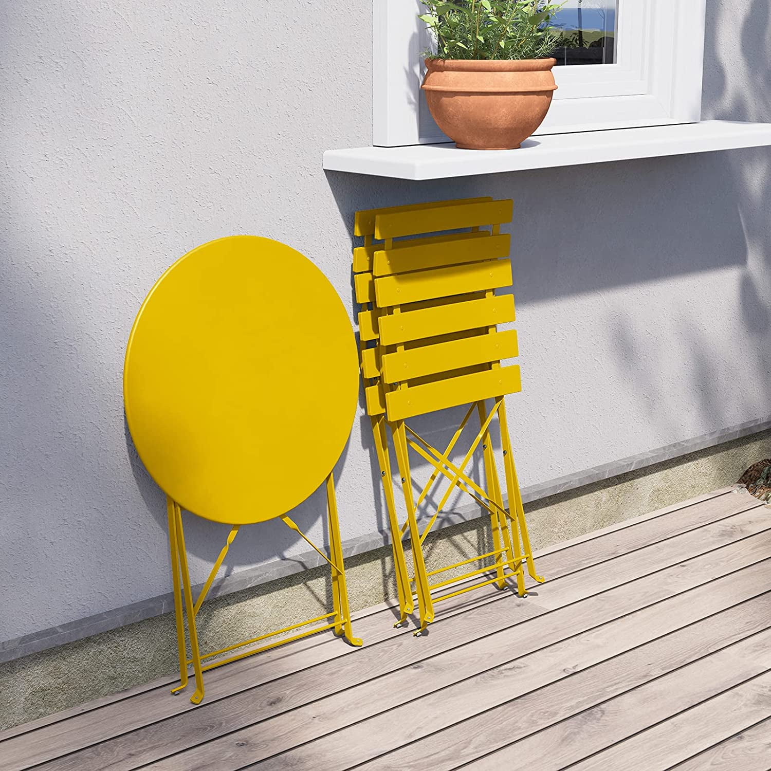 Simenmax Steel Patio Bistro Set, Folding Outdoor Patio Furniture Sets, 3 Piece Patio Set of Foldable Patio Table and Chairs