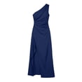 thumbnail image 6 of Women's One Shoulder Ruched Satin Maxi Dress, Solid High Side Slit Slimming Flowy Midi Long Date Night Dress Navy L(L), 6 of 6