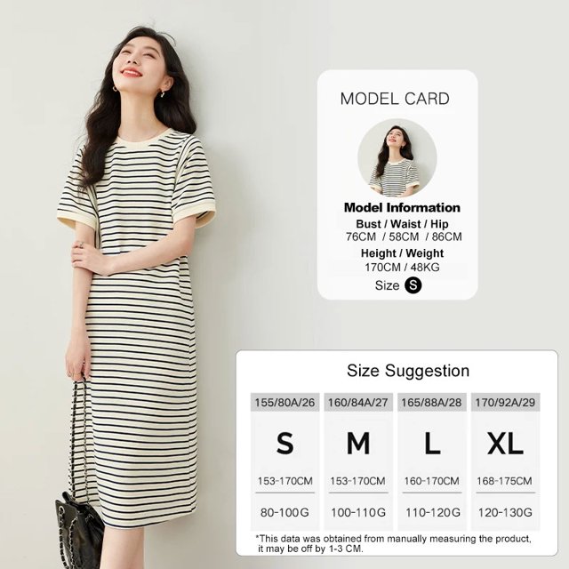 RWJDXD Robe d'Été à Manches Courtes Rayée Simple et Vive 2024 Col Rond Décontracté Droit Ample Midi pour Femmes Vêtements M6823