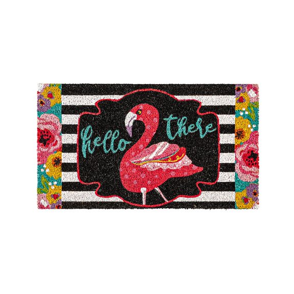 Evergreen Flamingo Stripes and Flowers Indoor Outdoor Natural Coir Doormat 1'4"x2'4"