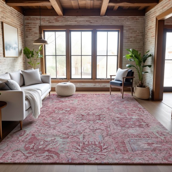Addison Rugs Mayfield Premium Machine Washable Traditional Damask Pink Rectangle Rug, 10' x 14'