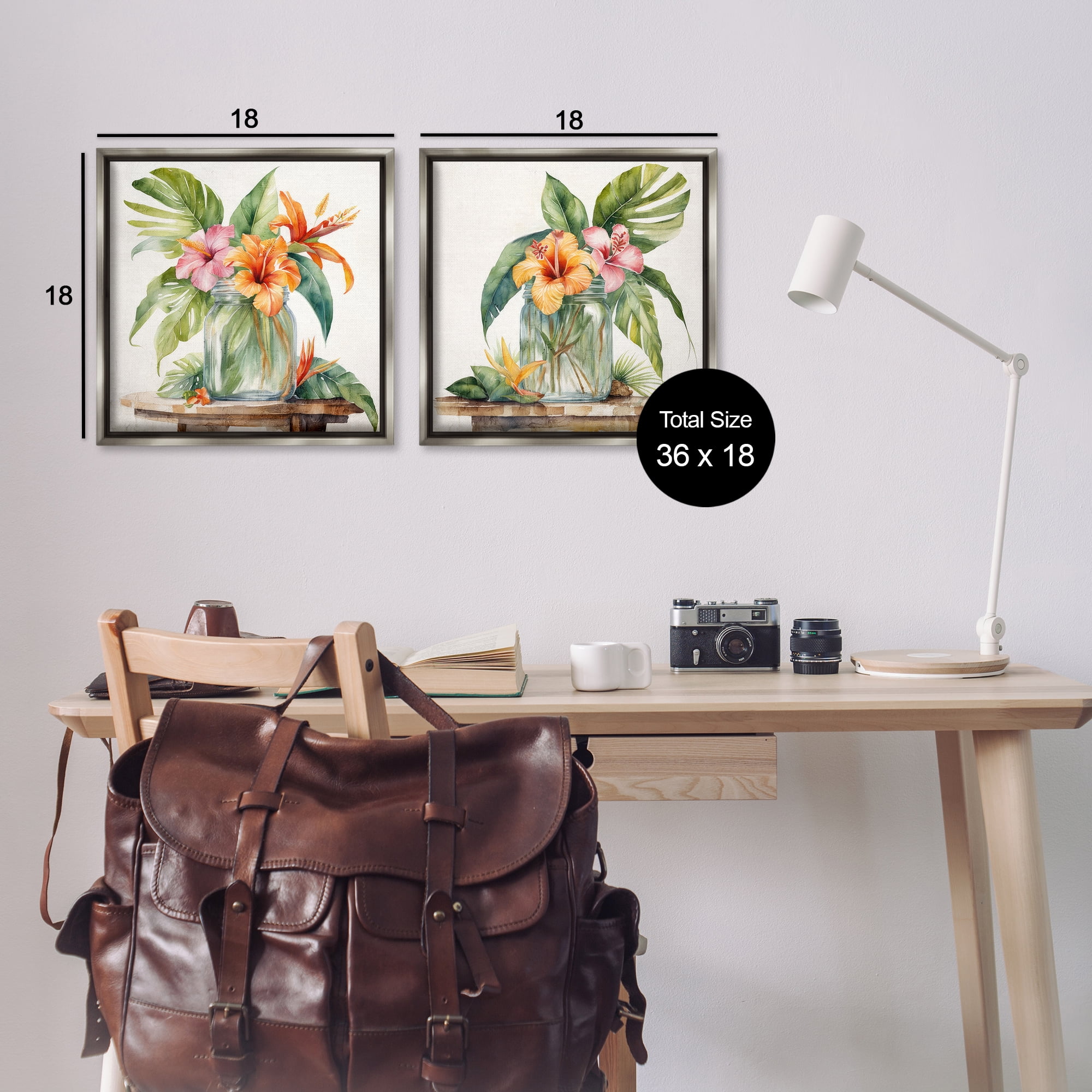 Stupell Industries Tropical Hibiscus Floral Jar Plants & Flowers Painting Gray Floater Framed Canvas Art Print Wall Art, 18 x 18, Set of 2