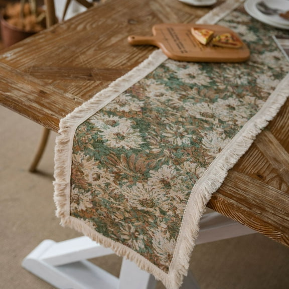 Vintage Floral Table Runner with Fringe, Green and Cream Woven Pattern, Decorative Dining Table Decor，13*72in