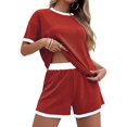 thumbnail image 2 of Women 2 Piece Shorts Set Casual Summer Outfits Ribbed Loose Short Sleeve Matching Lounge Sets Red XXL, 2 of 8