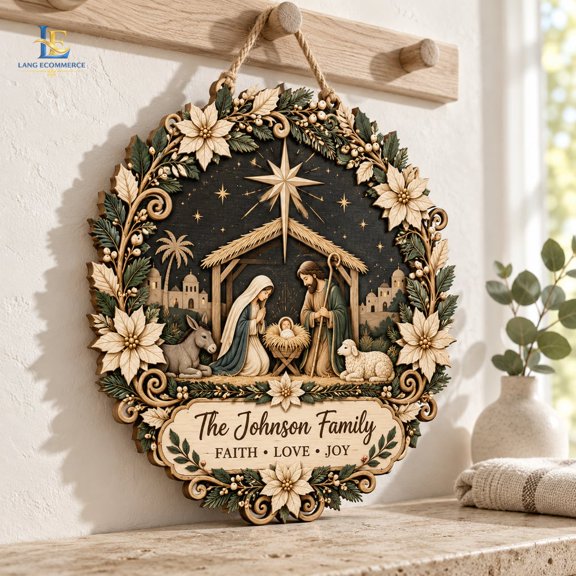 Nativity Religious Christmas Door Sign Poinsettia Wooden Decor for Front Door Holiday Entryway