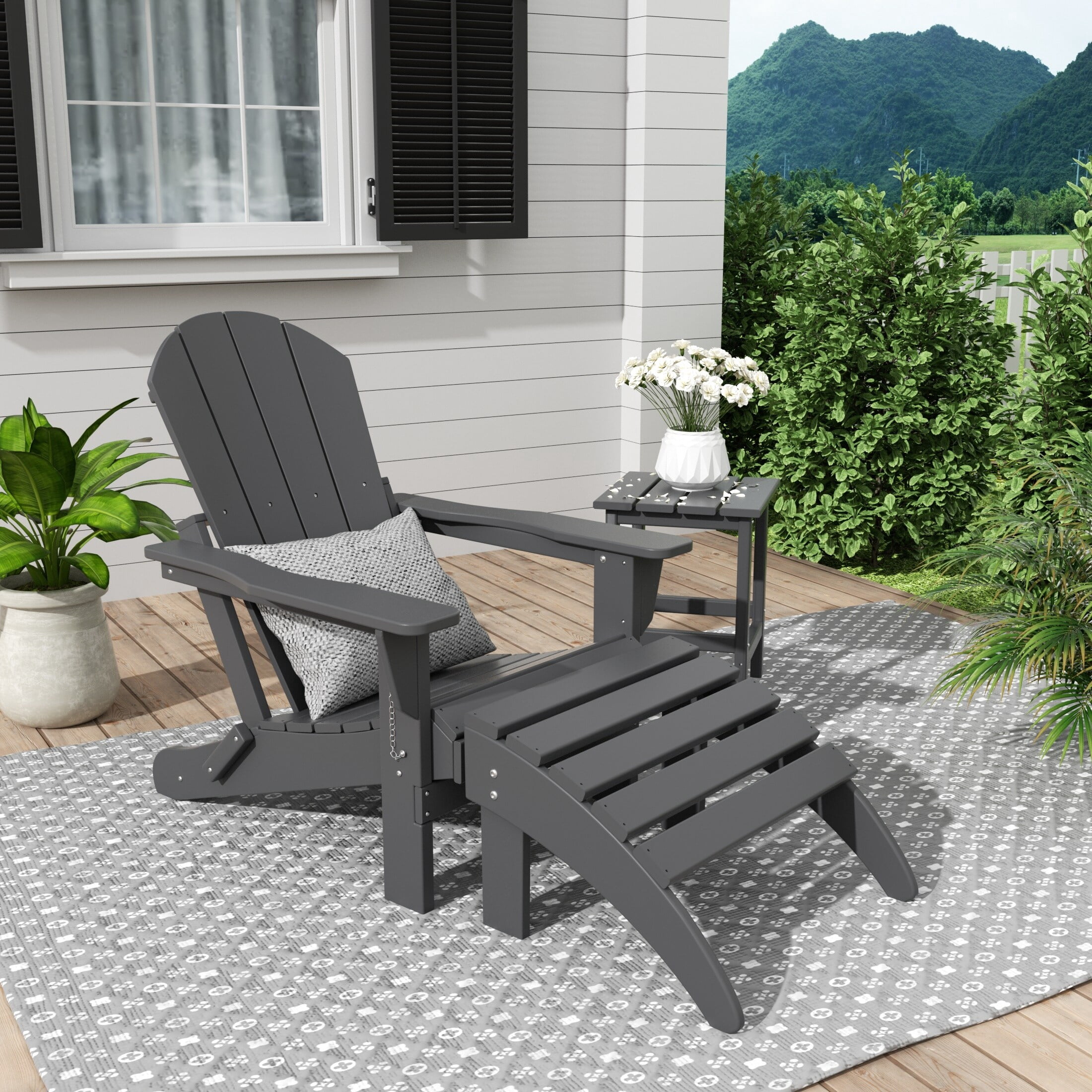 Polytrends  Laguna Hdpe All Weather Outdoor Patio Foldable Adirondack Chair With Ottoman And Side Table (3-Piece Set) Gray