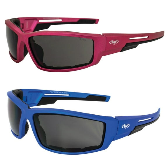 Global Vision Sly Motorcycle Glasses for Women ATV Padded Riding Glasses Sunglasses 2 Pairs with Smoke Lenses and Pink & Blue Metallic Frames