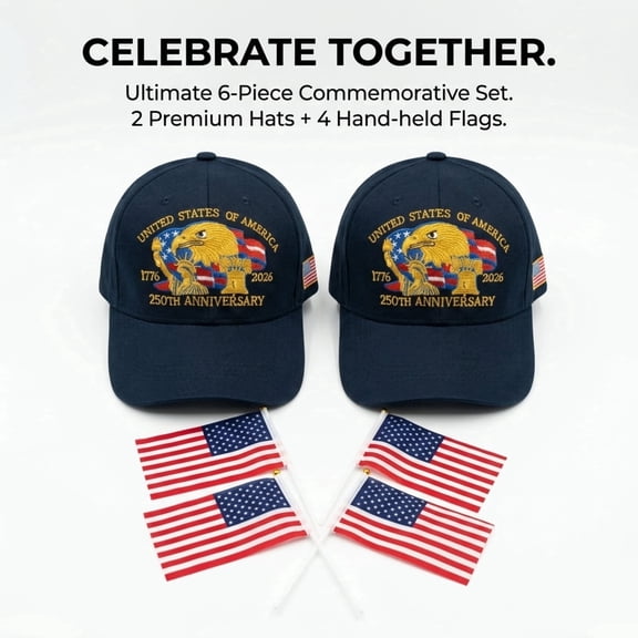 4th of July USA 250th Anniversary 2 Hats and 4 Flags Family Set, Adjustable Retro Bald Eagle Patriotic Cap for Men Women, Use 3D Embroidered Patch