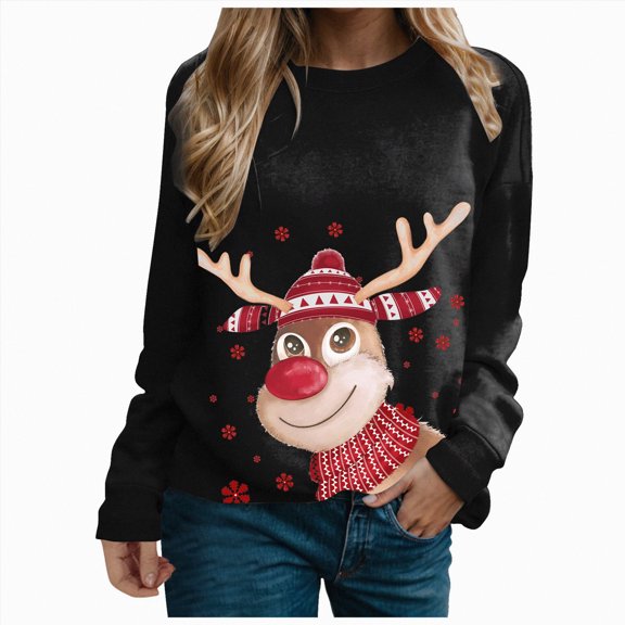 Futezty Christmas Sweatshirts for Women Funny Long Sleeve Xmas Tree Snowman Reindeer Lightweight Tunic Pullover Tops