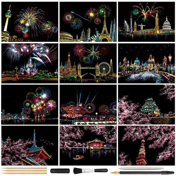 Papier à Gratter Magique, Mini Enveloppe Carte Postale, Tableau de Grattage Vue Nocturne Arc-en-Ciel pour Adultes et Enfants, Ensemble d'Art et d'Artisanat : 12 Feuilles de Cartes à Gratter & 7 Outils Stylo à Dessin, Brosse de Nettoyage (Feux d'Artifice Colorés)