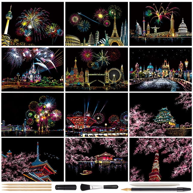 Magic Scratch Art Paper, Mini Envelope Postcard, Rainbow Night View Scratchboard for Adults and Kids, Art & Crafts Set: 12Sheets Scratch Cards & 7 Tools Drawing Pen, Clean Brush (Colorful Fireworks)