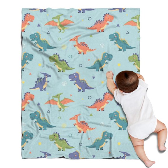 LightBlue Cartoon Dinosaurs Geometric Pattern Blanket,Comfortable Soft Flannel Throw Blanket,All Season,Warm Lightweight Blankets for Sofa Bed Couch Living Room Chair,30"x40"