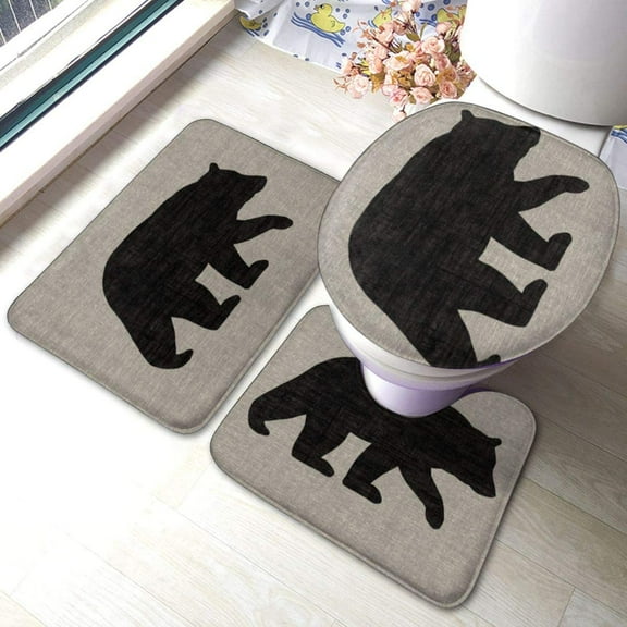 Bathroom Rug Mats 3 Piece Set Bath Mat Contour Rug Toilet Lid Cover with Non-Slip Backing Pad (Black Bear )
