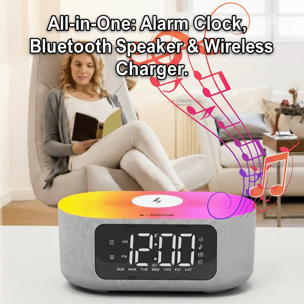 Wireless Charging Alarm Clock for Bedroom, with Big Led Screen Display, Bluetooth Stereo Sound Speaker, FM Radio, Fast Wireless Charging, USB Charging Port, Nightlight, White Noise