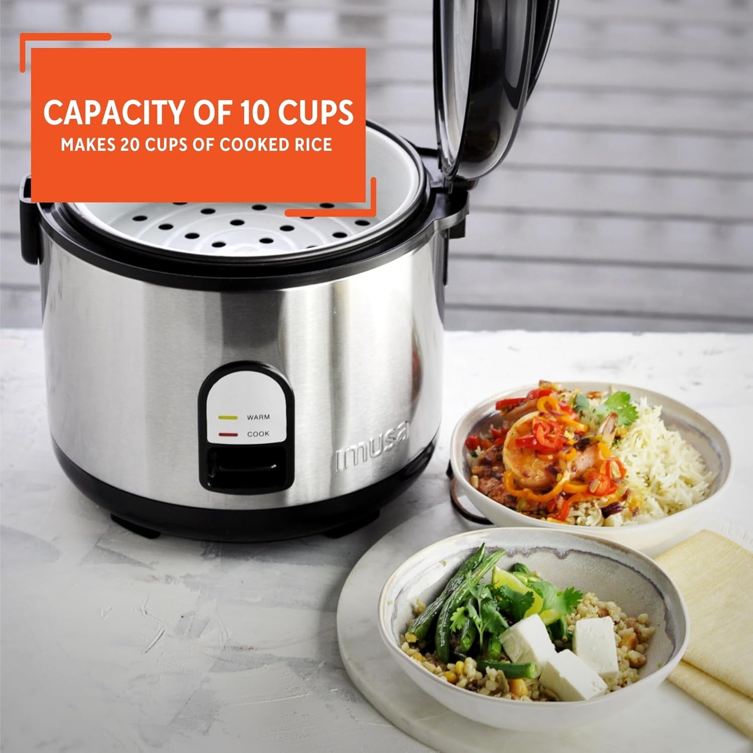 10 Cup Deluxe Stainless Steel Electric Rice Cooker with Steam Tray for Large Family Dinners and Outdoor Picnics