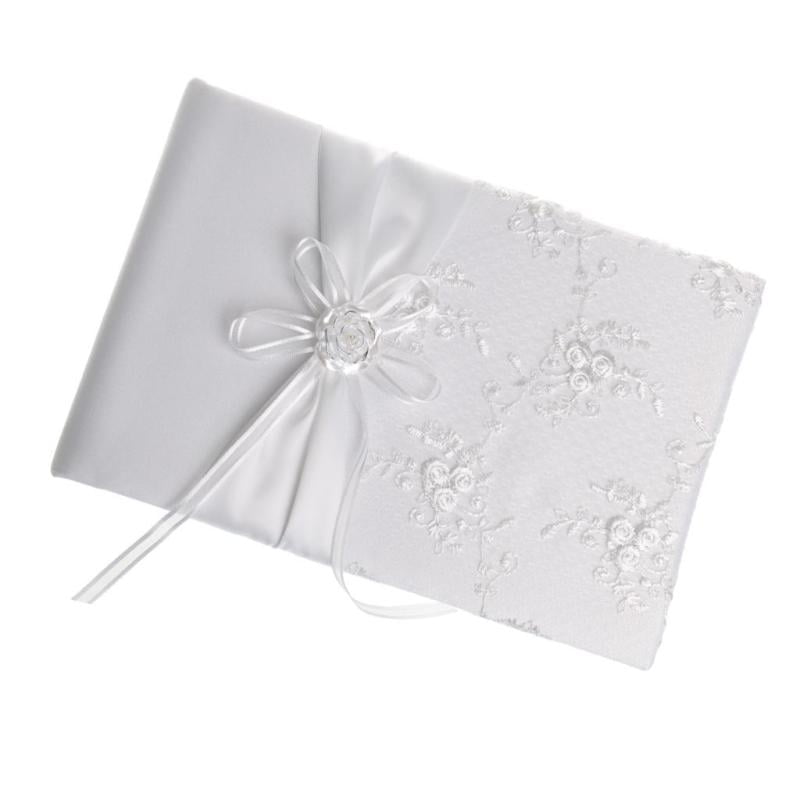 Wedding Reception Satin Rose Flower Embroider Guest Book Signatures White