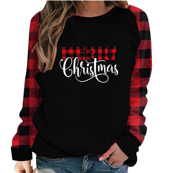 Virmaxy Merry Christmas Women's Christmas Printed Plaid Patchwork Long Sleeve Round Neck T-Shirt Top Fashion Crew Collar Pullover Shirt Winter Casual T-Shirt Blouse Tops Red-A XS