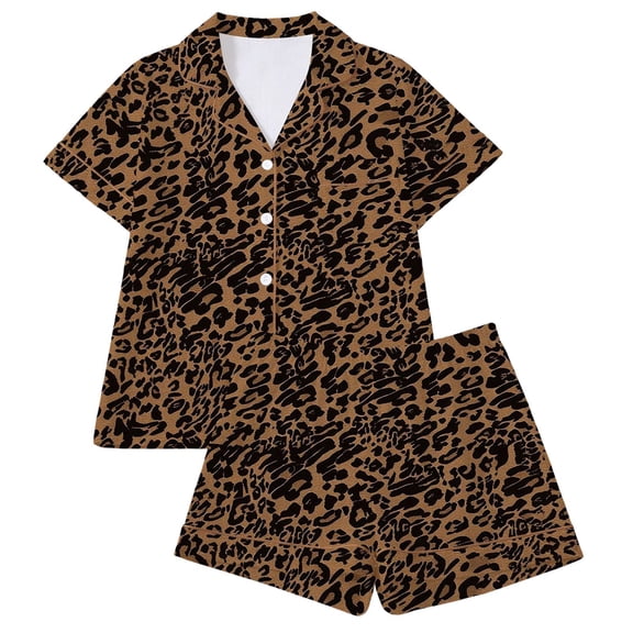 HAYIMI Leopard Printed Pajama Sets For Women 2 Piece, Lapel Collar Short Sleeve Button Shirt With Matching Shorts, Trim Detail Nightwear Loungewear