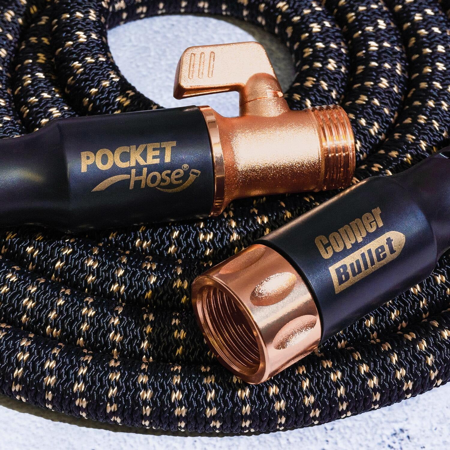 Pocket Hose Copper Bullet Expandable Garden Hose w/10 Pattern Thumb Spray Nozzle AS-SEEN-ON-TV 50 FT 650psi 3/4 in Patented Lead-Free Ultra-Lightweight Solid Copper Anodized Aluminum Fittings No-Kink