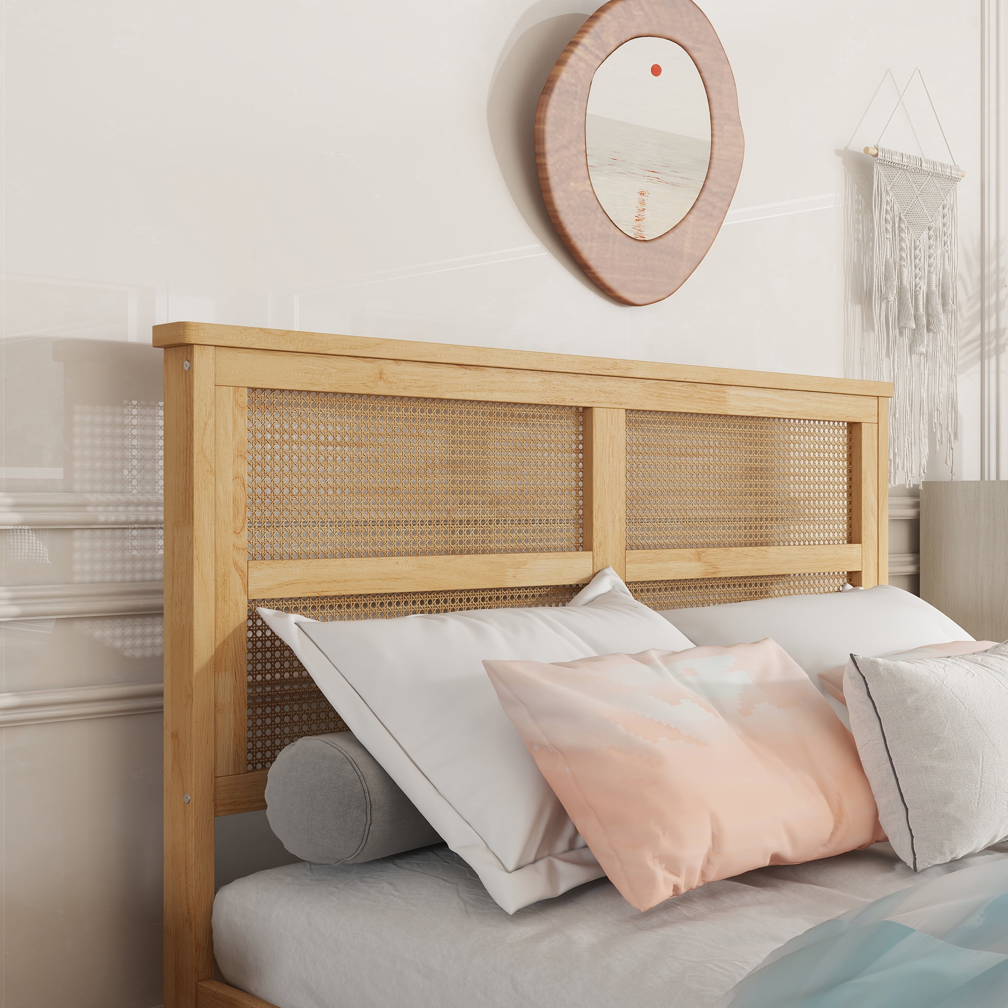 Miniyam Full Size Bed with Rattan Headboard, Storage Drawers for Adult, Oak