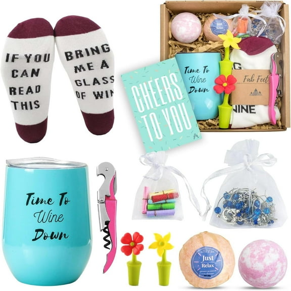 Gift Basket - 8 Gift Includes Wine Tumbler Bath Bombs Wine Charms Comfy Socks