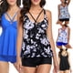 thumbnail image 1 of Traje de baño deportivo para mujer, bikini de dos piezas, pantalón tipo bóxer sin aros, con almohadillas removibles, diseño de hojas blancas y pantalón negro, talla 2XL (GM2101#)., 1 of 6