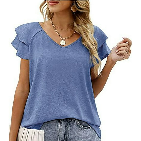 SHOPESSA Womens Tops Summer Fashion V-neck T-Shirt Flounces Short Sleeve Casual Loose Fit Tee Shirts Blouse Solid Colour Shirt