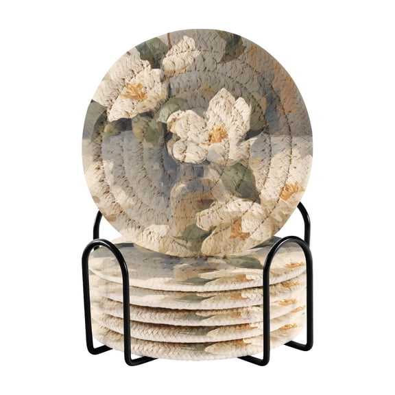 White Elegant Gardenia Drink Coasters with Holder Absorbent Coaster for Coffee Table Room Decor 6 Pack