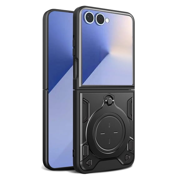 for Samsung Galaxy Z Flip8 Case with Sliding Camera Cover, Luxury Magnetic Rotating Ring Holder Stable Kickstand Protective Phone Cover, Support Magnetic Car Mount, Black
