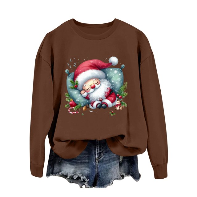 EHQJNJ Sweatshirts d'Automne pour Femmes 2024 Sweatshirt de Noël pour Femmes Père Noël Manches Longues Col Rond Vacances Sweatshirt de Noël Bleu Sweatshirt pour Femmes Graphique Tendance Maman