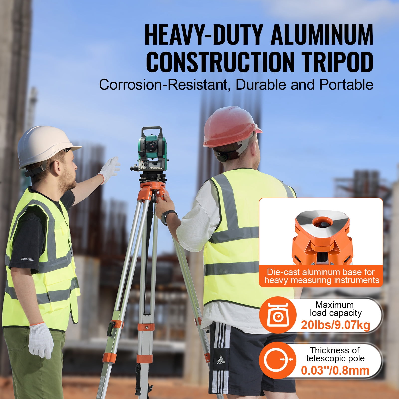 SKYSHALO Laser Level Support, 5/8"-11 Thread, Adjustable Height 16.53-65.55 inches, Durable Construction Survey Stand with Retractable Legs and Non-Skid Feet for Laser Level Scanning