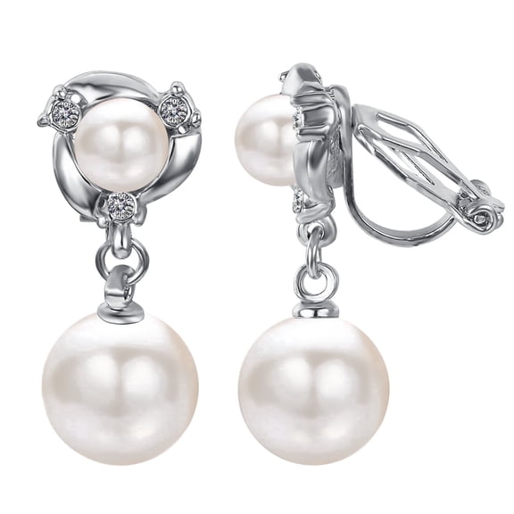 Yoursfs Pearl Clip on Earrings for Women Platinum Plated Double White Pearl Dangle Earring Non Pierced Ears