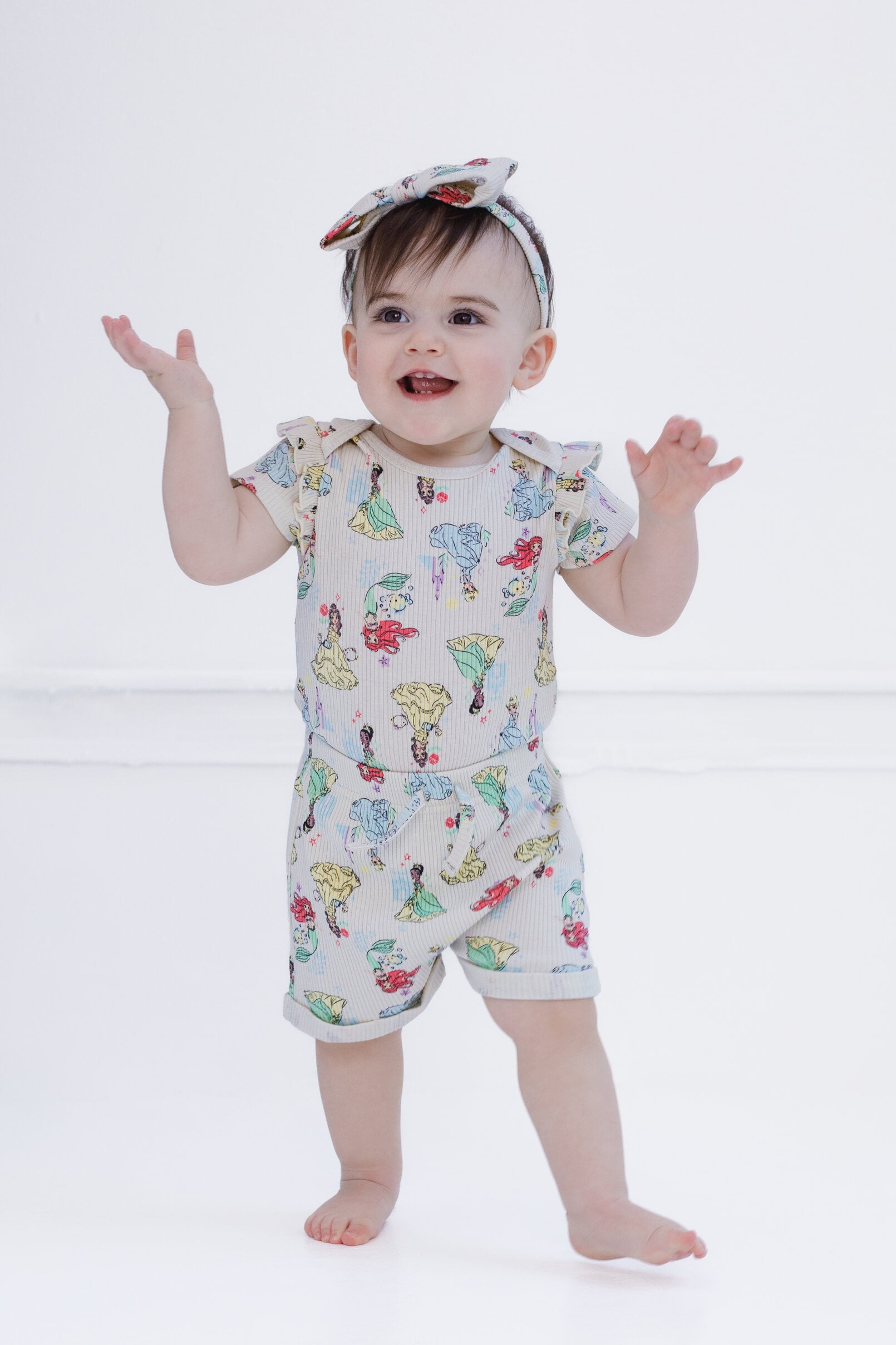 Disney Princess Belle Tiana Cinderella Ribbed Bodysuit, Shorts and Headband 3 Piece Outfit Set Newborn to Infant