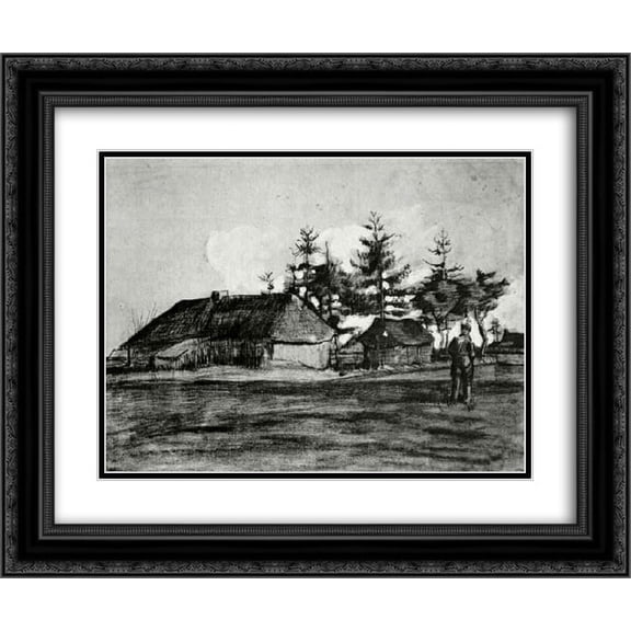 Vincent van Gogh 2x Matted 24x20 Black Ornate Framed Art Print 'Farmhouse with Barn and Trees'