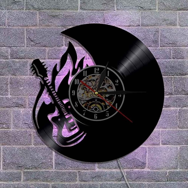 Reloj de pared con disco de vinilo musical, reloj de pared con luz Led con estilo de guitarra, reloj de vinilo, decoración de pared de salón, regalos únicos para amantes de la música Feliz Sencillez