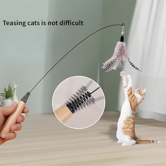 Clearance! Interactive Cat Toy Teaser Wand - Spring Wooden Handle, Feather Toy, Bell, Detachable, Self-Play, Fun for Active Cats,a