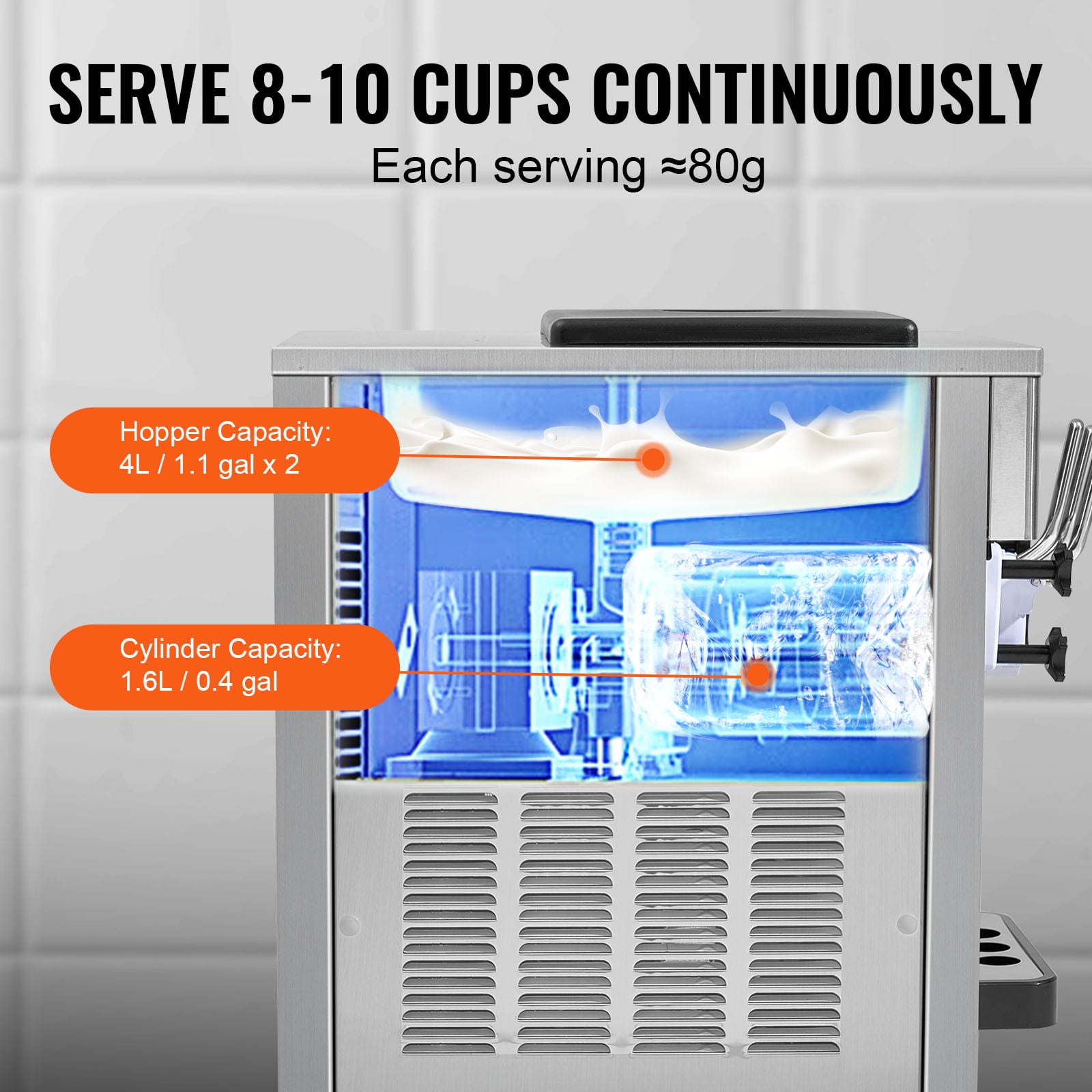 KFFKFF  Commercial Soft Serve Ice Cream Maker   5.3-7.4gal/20-28L/H Yield 3 Flavor 4L/1.1gal Cylinder Restaurants Snack Bar supermarkets