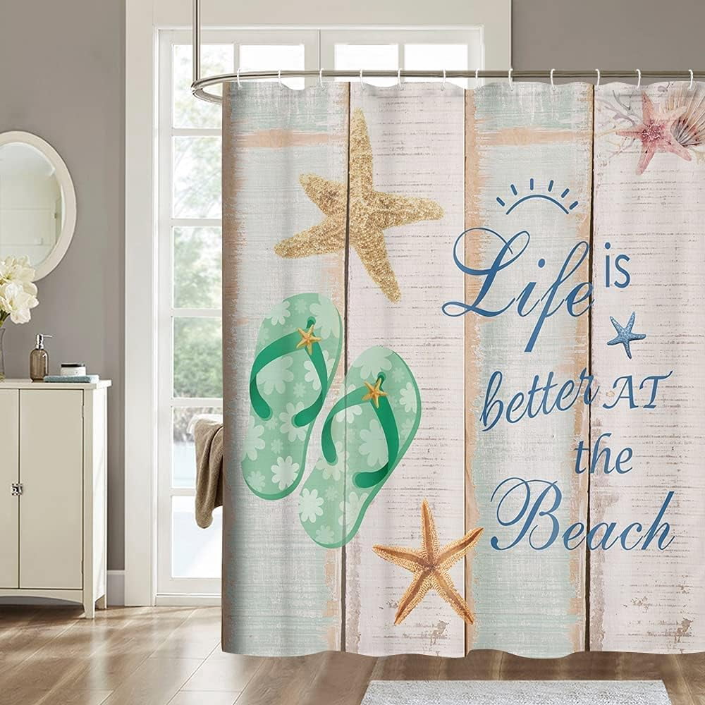 Beach Shower Curtain, Starfish Flip Flops and Life is Better at The Beach Word on Rustic Wooden Board Shower Curtain, Summer Coastal Fabric Bathroom Curtain Farmhouse Decor 12PCS Hooks, 70X70IN