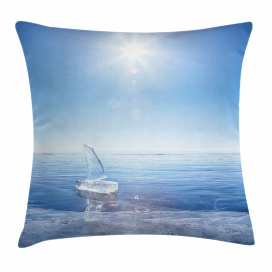 Winter Throw Pillow Cushion Cover, Icy Boat in Sunny Weather with Open Sky Cool Blue Tones ...
