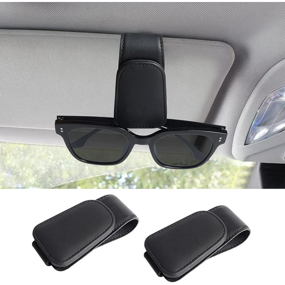 2 Pack Sunglass Holder for Car Visor，Magnetic Leather Sunglasses Clip for Car, Eyeglass Hanger Clip for Car，Car Visor Accessories Suitable for Different Size Eyeglasses (Black)